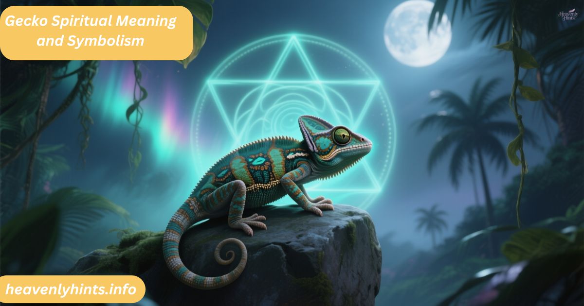 A mystical gecko perched on an ancient stone under moonlight, glowing softly with spiritual energy. Surround the scene with ethereal light patterns, sacred geometry, and subtle jungle foliage in the background. The atmosphere should feel symbolic and magical, capturing the spiritual meaning of transformation, awareness, and adaptability. No text.